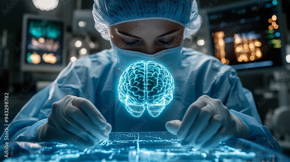 Poster neurosurgeon preparing for complex brain surgery with the aid of a 3d holographic brain model stock 