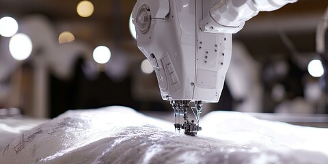 Industrial sewing machine stitching white fabric.