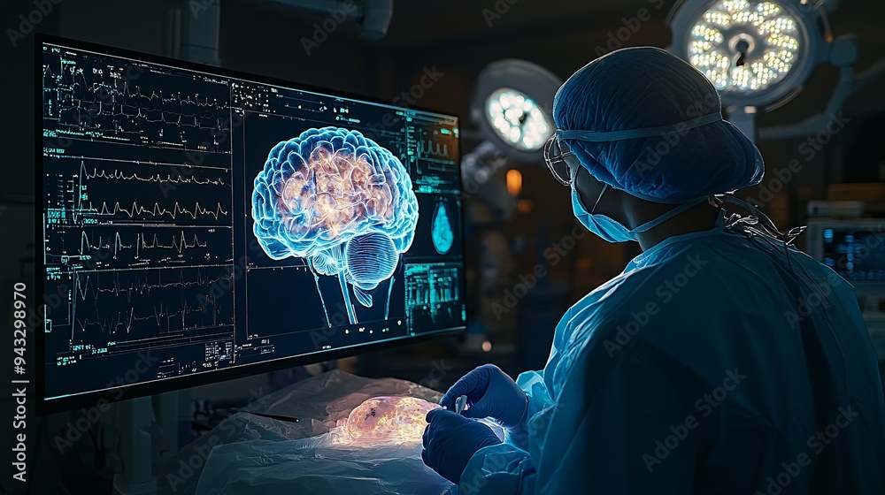 Poster neurosurgeon preparing for complex brain surgery with the aid of a 3d holographic brain model stock 