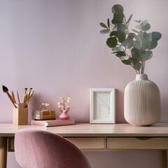 bureau créatif minimaliste rangé en illustration ia avec livre, tasse à café et maquillage