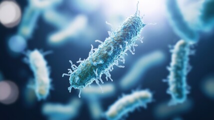 A detailed microscopic view of bacteria, glowing in blue light, representing microbiology, infection, and scientific research.