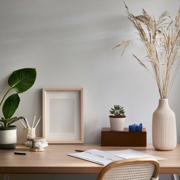bureau cr&eacute;atif minimaliste rang&eacute; en illustration ia avec cadre et vase