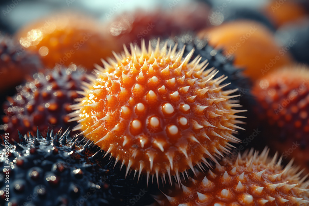 Wall mural Aesthetic close-up of sea urchins with gourmet ingredients, presented in a sophisticated style,