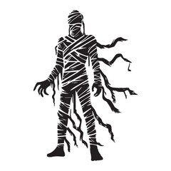Horror Clipart - Halloween Horror  Silhouette - Mummy Wrapped With Tattered Bandage Illustration in black and white