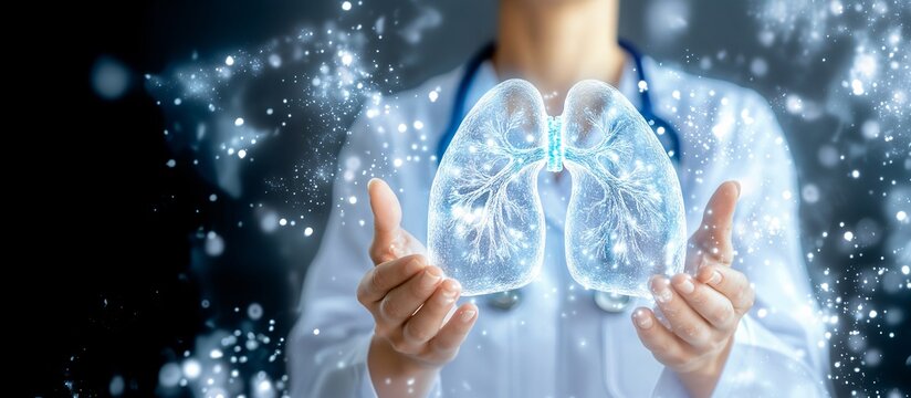 Pulmonologist evaluating lung function during a pulmonary function test using a 3D hologram Stock Photo with copy space