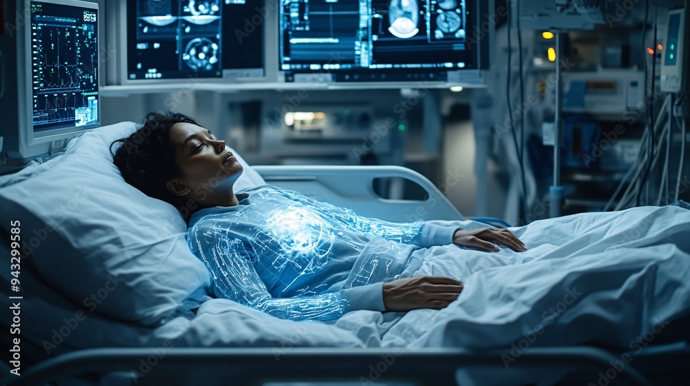 Poster doctor using a 3d hologram to explain a patient's medical condition in detail stock photo with copy 