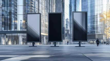 Set of three large blank black advertising banners in front of modern glass office building, angled with reflections of the city, pedestrians walking by and light traffic in the background