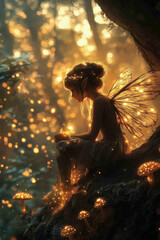 Obraz premium fairy forest scene, A magical forest filled with glowing mushrooms and a whimsical fairy, creating an enchanting and colorful atmosphere