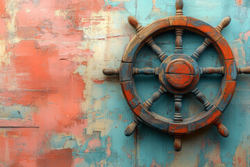 Wooden shipâ€™s helm with weathered texture, isolated on a pastel-colored background,