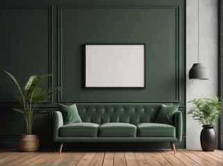 Green Velvet Sofa in a Contemporary Living Room with a Blank Framed Canvas