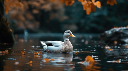 Obraz premium A Duck in Tranquil Autumn Waters