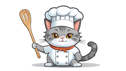 a cat wearing a chef hat and holding a spatula, representing cooking, on a white background.