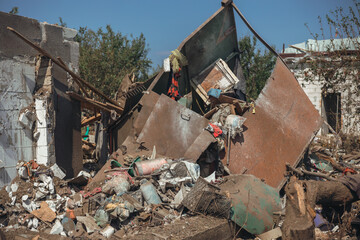 Shelling of civilians. Military aggression. Consequences of the enemy attack on the city of Dnepr. Destroyed residential. Remains of private houses. Consequences of shelling. Russia Ukraine war