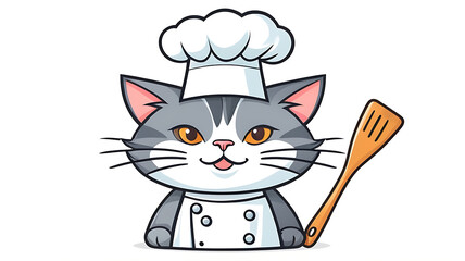 a cat wearing a chef hat and holding a spatula, representing cooking, on a white background.