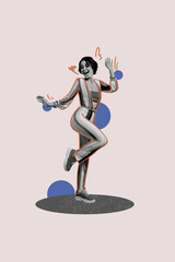 Vertical poster collage young woman dancer clubber nightclub party disco entertainment weekend leisure funky dancer drawing background