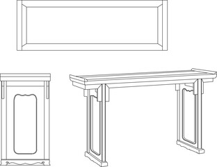 Vector sketch illustration silhouette design drawing furniture chair bench table old classic vintage ethnic traditional full of Chinese carvings 