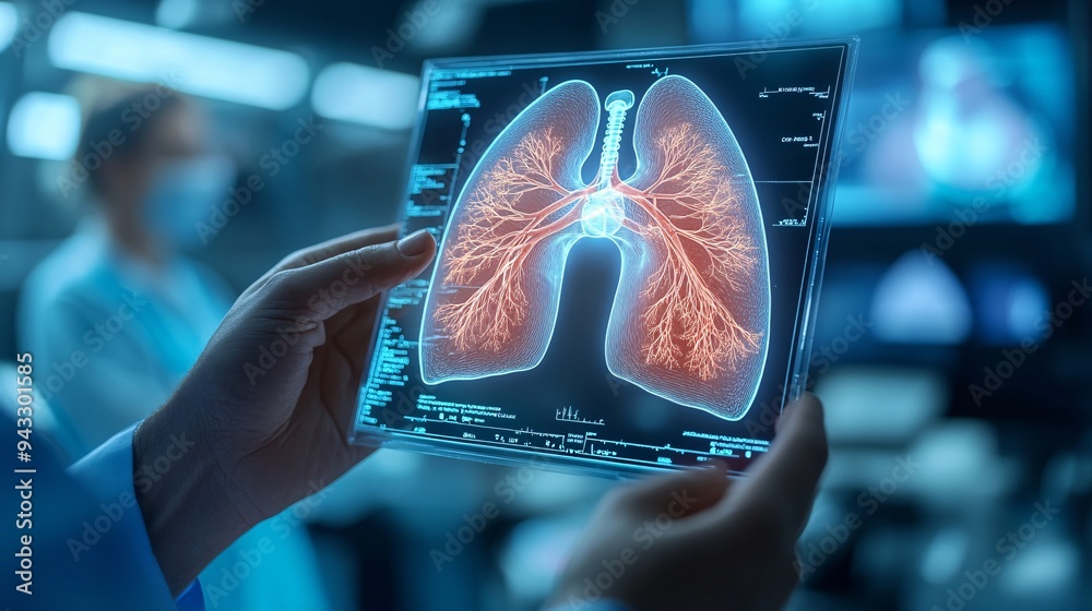 Poster Pulmonologist analyzing lung function with a 3D holographic lung model during a diagnostic check-up Stock Photo with copy space