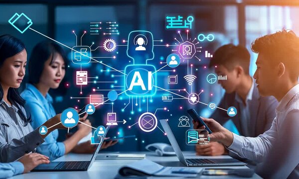 A group of professionals engages in collaborative discussions while utilizing smartphones and laptops, showcasing the integration of artificial intelligence in their work environment