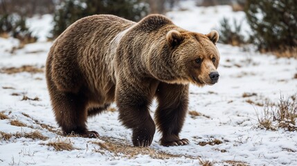 Obraz premium A Majestic Grizzly Bear Moving Gracefully Through an Expansive, SnowCovered Terrain