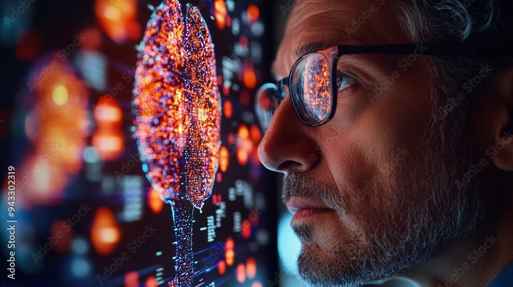 Poster Neurologist examining a 3D holographic brain with intricate details of the brain and nervous system for diagnosing neurological disorders Stock Photo with copy space