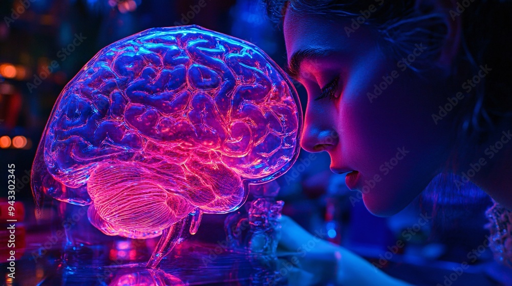 Poster Neurologist examining a 3D holographic brain with intricate details of the brain and nervous system for diagnosing neurological disorders Stock Photo with copy space