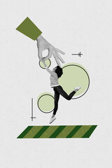 Vertical photo collage of astonished girl kidnapping hand fly abuse bullying problem victim...