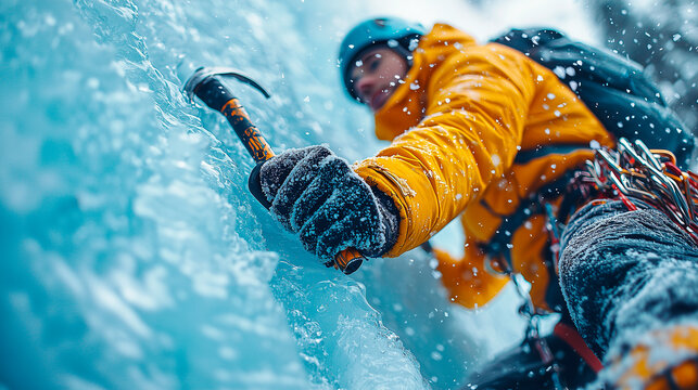 Ice Climber Scaling a Frozen Wall with Ice Axe During Snowfall
