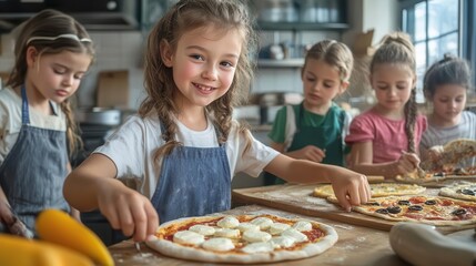 Group of children making pizza together in a kitchen.