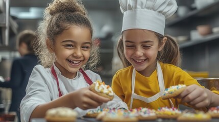 Two young girls in chef hats decorate cookies and laugh together in a baking class.