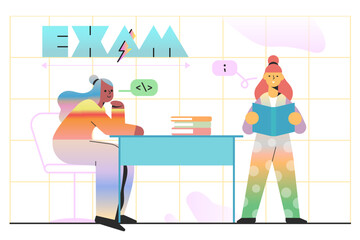  Exam text and the girl takes the exam to the teacher