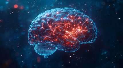 Fototapeta premium A human brain with glowing neural connections on a dark blue background, highlighting the concept of artificial intelligence and data flow in the thought process. Realistic 3D mode
