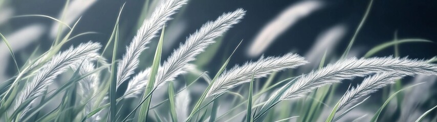 Gentle Breeze on Grass, Seamless textures of swaying tall grass in vibrant greens and soft whites, ideal for a tranquil nature-inspired background and minimalist designs