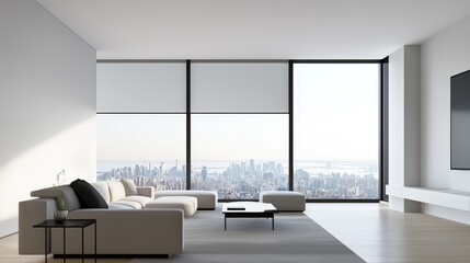 A modern living room with sleek furniture, minimalist decor, and large windows overlooking a cityscape