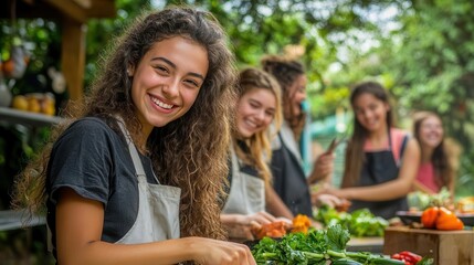 Fototapeta premium Four diverse teenagers smiling while harvesting vegetables in a garden.