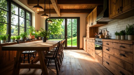 A rustic kitchen with wooden cabinets, exposed beams, and a large farmhouse table