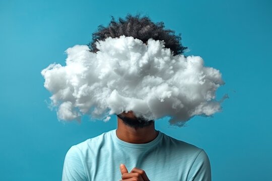A black man with a white cloud in front of his face, his face is not visible, blue background 