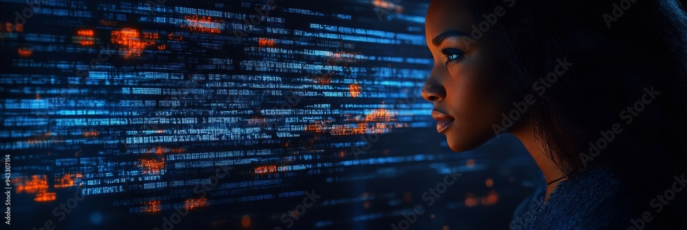 Poster serious womans profile amidst flowing code concept of cybersecurity or programming in tech.