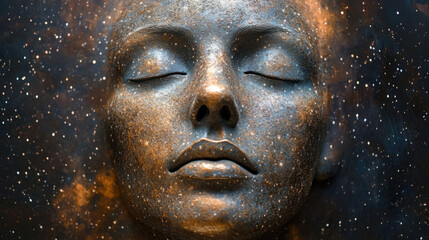 Surreal Face Sculpture,  A striking sculpture showcasing a calm face set against a starry cosmic background, symbolizing beauty and transformation in art