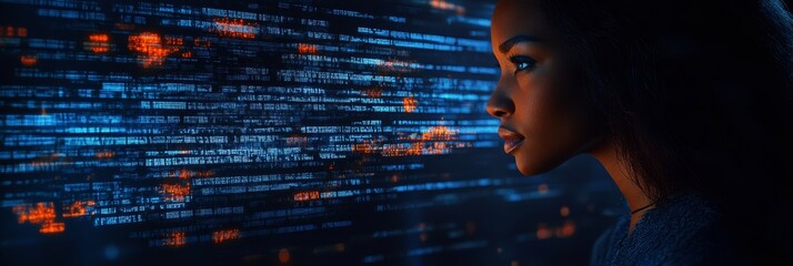 Serious Womans Profile Amidst Flowing Code Concept Of Cybersecurity Or Programming In Tech.