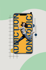 Vertical photo collage of happy girl run big phone screen addiction influences brainwashed zombie isolated on painted background