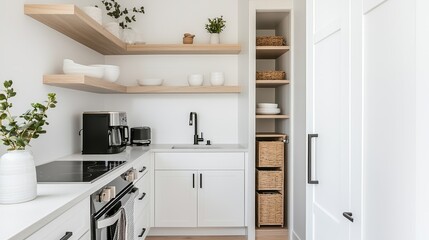 A small, efficient kitchen with open shelving, compact appliances, and a pull-out pantry