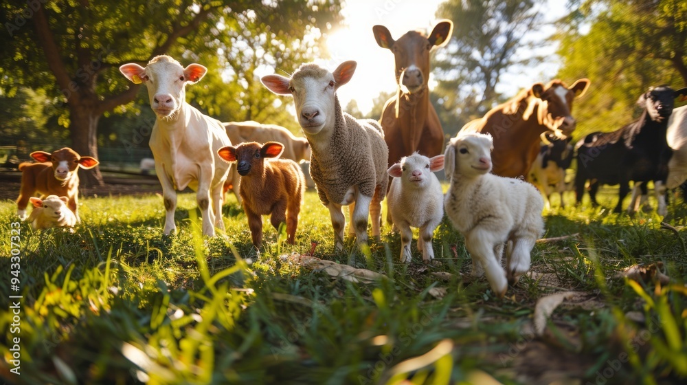 Poster a group of animals, including cows and sheep, are standing in a field
