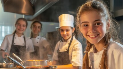Four young chefs smiling in a kitchen, wearing white hats and aprons.