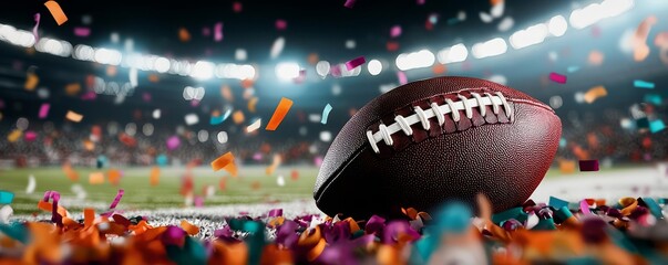 Football at the edge of the end zone, surrounded by colorful confetti, stadium lights softly illuminating the scene, celebration scene, touchdown focus