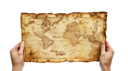 Hand Holding Old pirate map isolated on transparent background