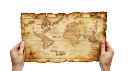 Hand Holding Old pirate map isolated on transparent background