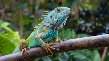 cute baby iguana with green and blue scales sitting on a branch. The iguana has its eyes wide open and is looking upwards.