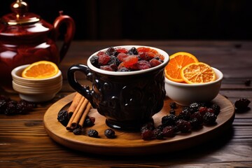 A warm cup of spiced fruit tea with dried fruits and orange slices sitting on a wooden table in a cozy setting