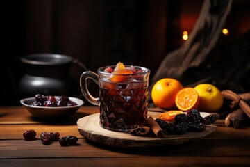 A warm spiced beverage with citrus and dried fruits on a rustic wooden table in a cozy setting during evening hours