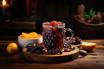 Delicious homemade fruit punch served in a decorative glass with slices of orange and cherries on a rustic wooden table